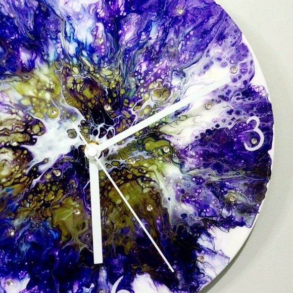 Hand Crafted Resin Clock Fluid Art Bling Purple Olive Green Rhinestones - Picture 3 of 11